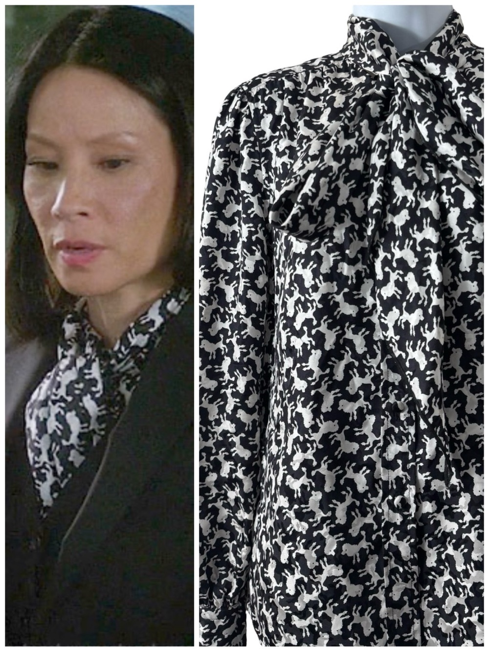 Marc Jacobs Tie Neck Poodle Print Blouse Black & White Novelty Print Silk Top